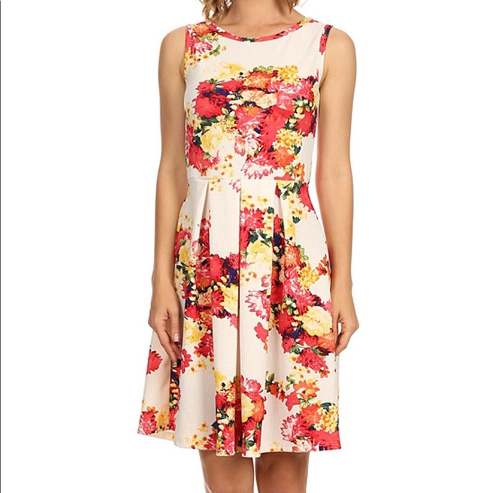 Cream & Pink Floral Fit & Flare Dress